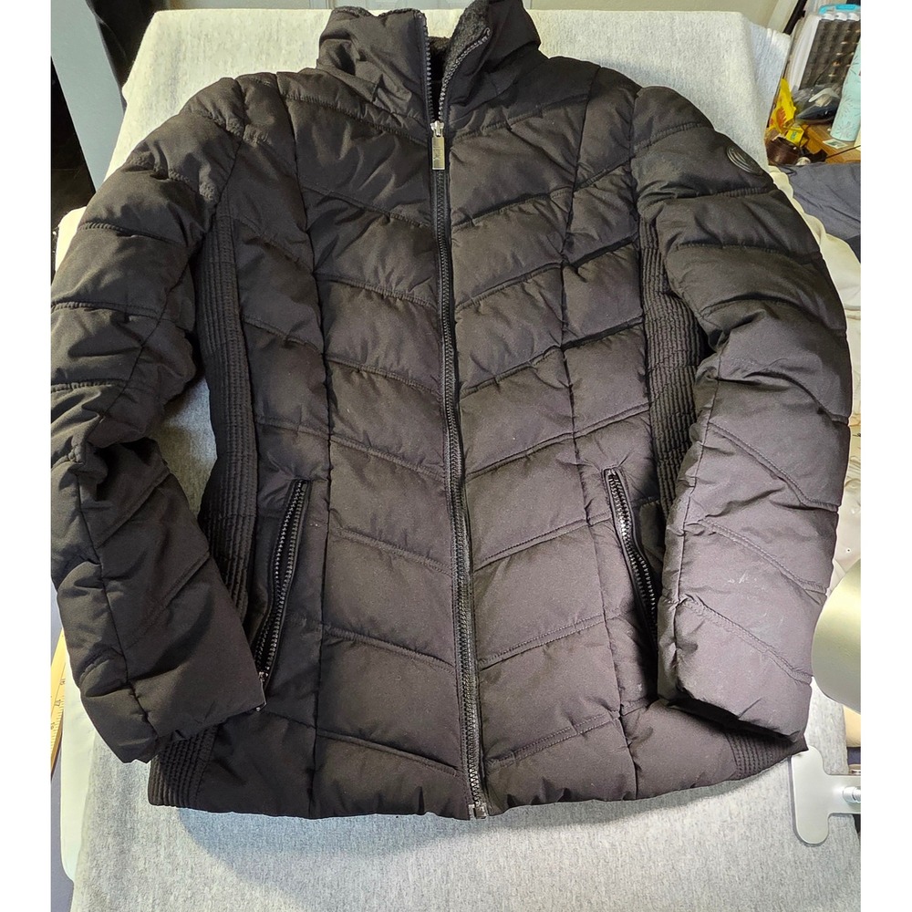 Nautica Womens Black Chevron Puffer Jacket Water Resistant Faux Fur Trim Small